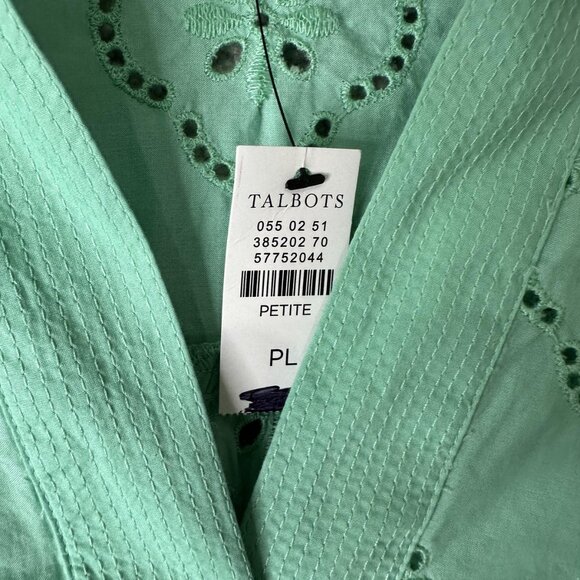 Talbots Shirt Womens Petite Large Green Eyelet Split Neck Scallop Hem Boho - Picture 6 of 7